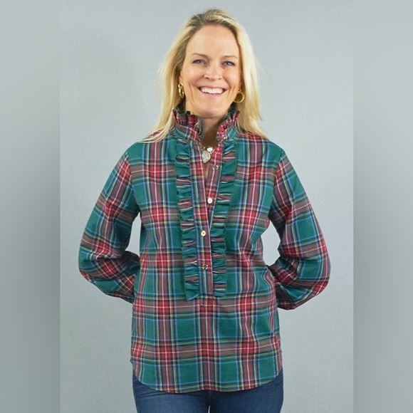 CK Bradley Plaid Top Ruffle blouse medium NWT - Picture 3 of 6